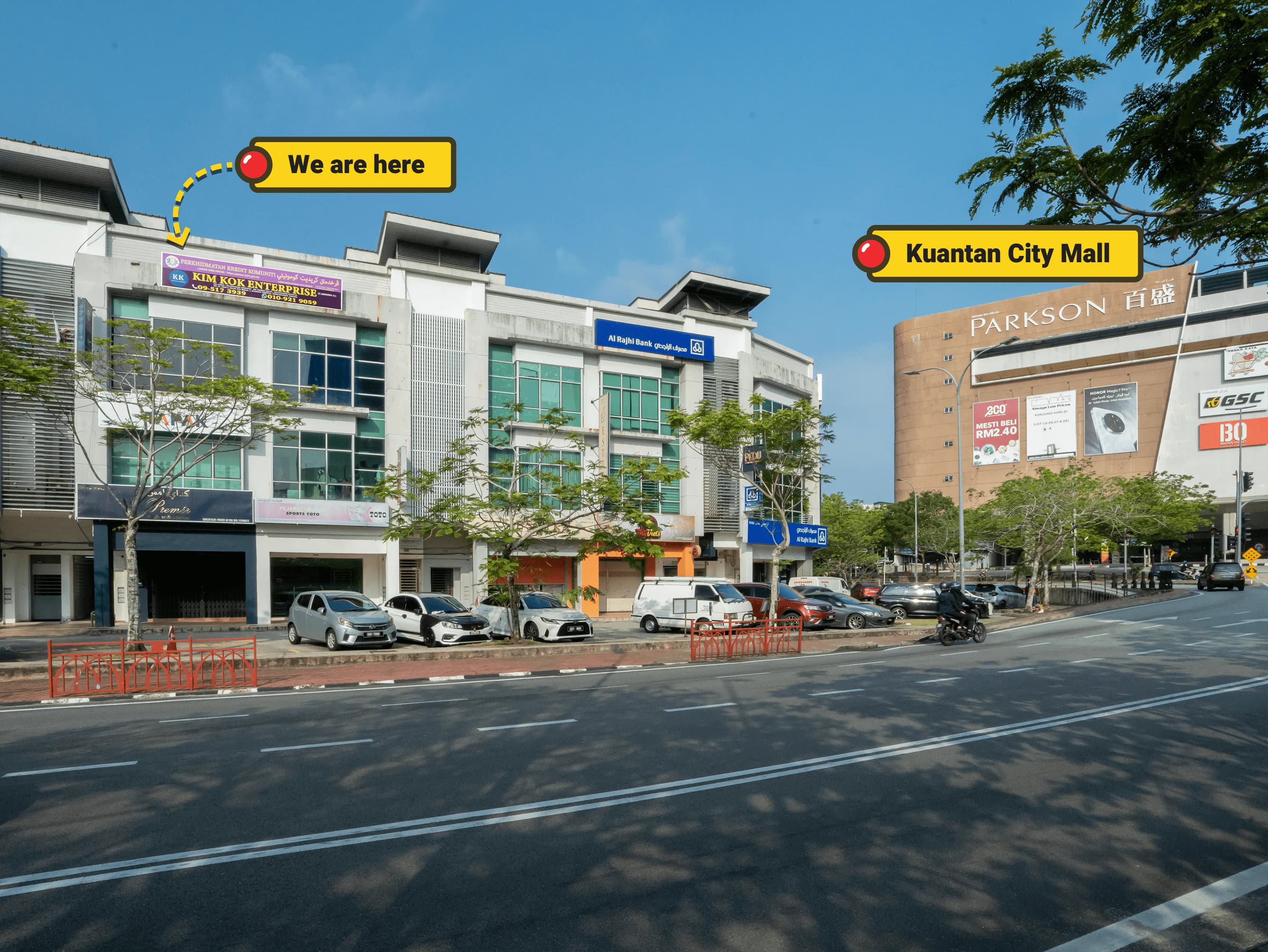 Pejabat Kim Kok Enterprise di tingkat dua, No 43 Jalan Tun Ismail 1, berhampiran Kuantan City Mall.