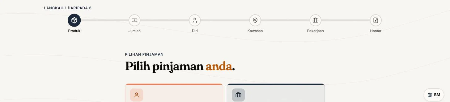 Skrin sebenar borang permohonan Kim Kok Enterprise — Langkah 1 daripada 6.