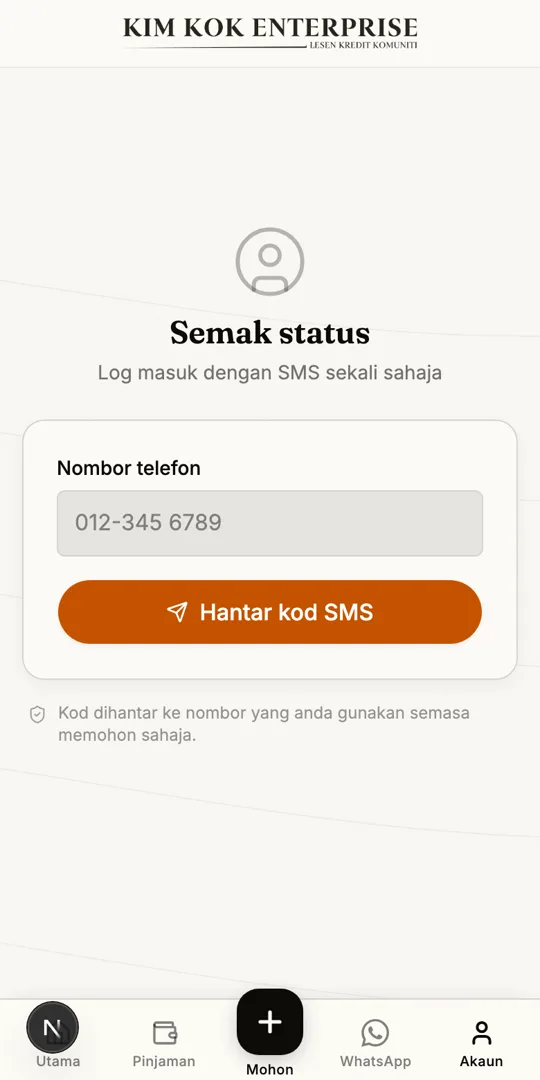 Skrin sebenar semakan status permohonan.